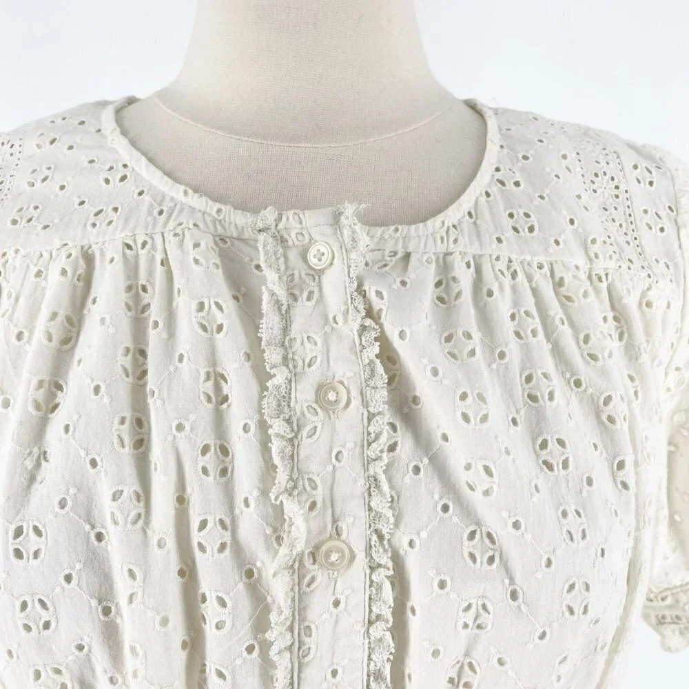 J. Crew Ivory Eyelet Mini Dress Button Front Short Sleeve Casual Summer Size 10